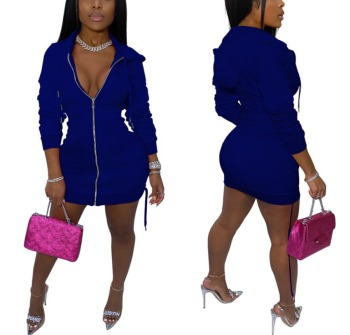 Autumn new stylish simple 4 colors plus size pure color zip-up hooded stretch slim sexy mini dress