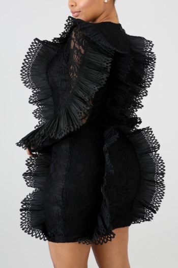 Autumn new stylish solid color micro-elastic lace patchwork see-through zip-up plus size slim sexy mini dress