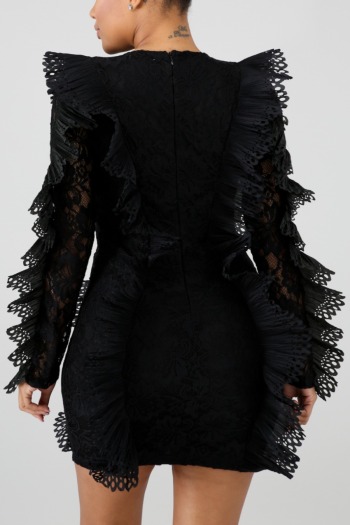 Autumn new stylish solid color micro-elastic lace patchwork see-through zip-up plus size slim sexy mini dress