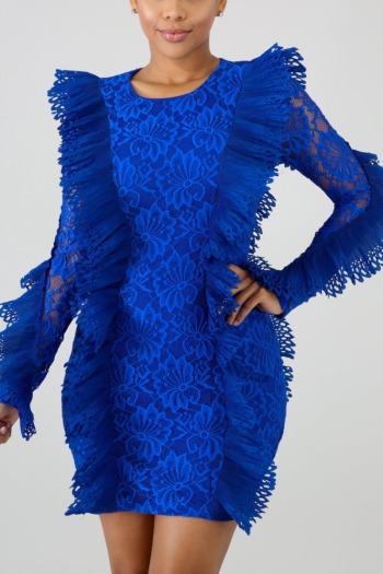 Autumn new stylish solid color micro-elastic lace patchwork see-through zip-up plus size slim sexy mini dress