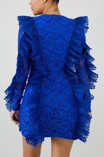 Autumn new stylish solid color micro-elastic lace patchwork see-through zip-up plus size slim sexy mini dress