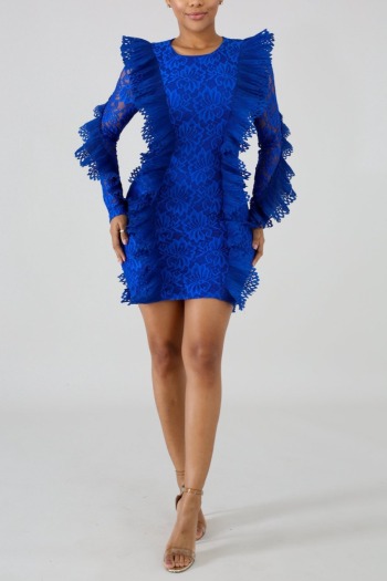 Autumn new stylish solid color micro-elastic lace patchwork see-through zip-up plus size slim sexy mini dress