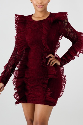Autumn new stylish solid color micro-elastic lace patchwork see-through zip-up plus size slim sexy mini dress
