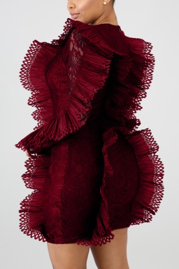 Autumn new stylish solid color micro-elastic lace patchwork see-through zip-up plus size slim sexy mini dress