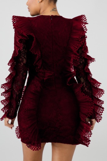 Autumn new stylish solid color micro-elastic lace patchwork see-through zip-up plus size slim sexy mini dress