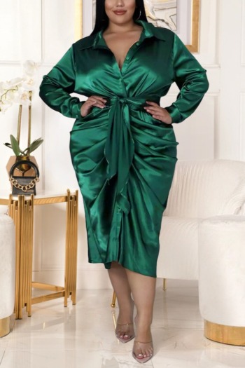 XL-5XL Plus size autumn new stylish inelastic solid color single-breasted pleated casual midi dress(with belt)