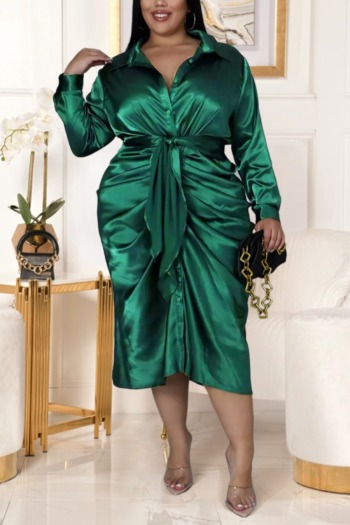 XL-5XL Plus size autumn new stylish inelastic solid color single-breasted pleated casual midi dress(with belt)