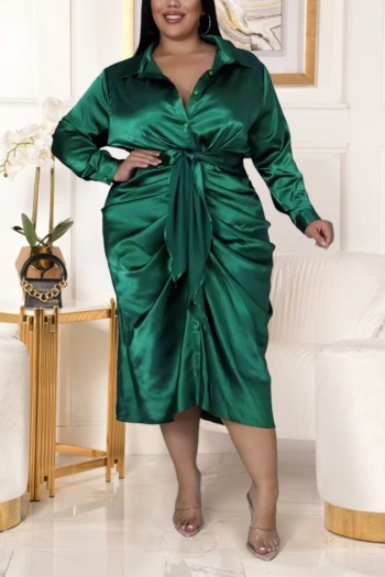 XL-5XL Plus size autumn new stylish inelastic solid color single-breasted pleated casual midi dress(with belt)