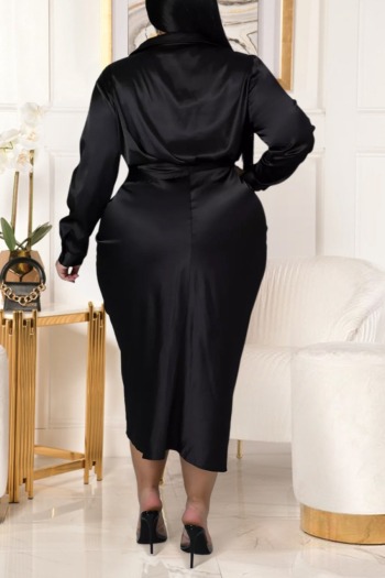 XL-5XL Plus size autumn new stylish inelastic solid color single-breasted pleated casual midi dress(with belt)