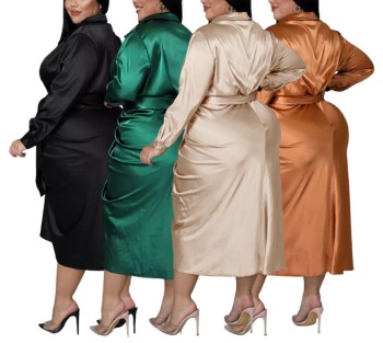 XL-5XL Plus size autumn new stylish inelastic solid color single-breasted pleated casual midi dress(with belt)