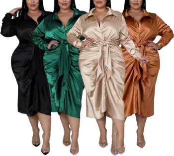 XL-5XL Plus size autumn new stylish inelastic solid color single-breasted pleated casual midi dress(with belt)