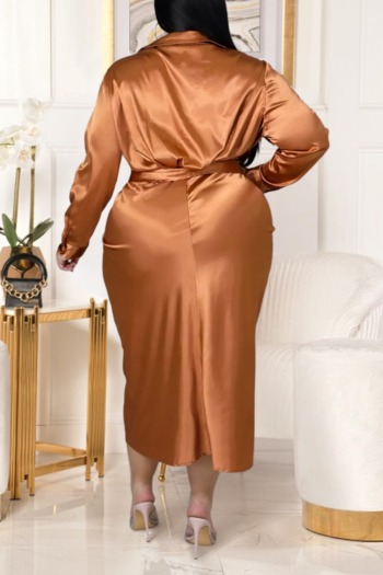 XL-5XL Plus size autumn new stylish inelastic solid color single-breasted pleated casual midi dress(with belt)