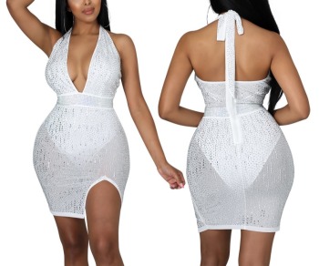 Summer new stylish hollow halter neck zip-up plus size micro-elastic rhinestone slit backless see-through sexy mini dress(with lining)