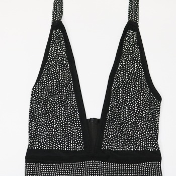 Summer new stylish hollow halter neck zip-up plus size micro-elastic rhinestone slit backless see-through sexy mini dress(with lining)