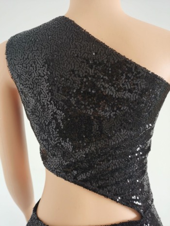 XS-L Summer new stylish solid color one-shoulder hollow sequin stretch zip-up sexy mini dress