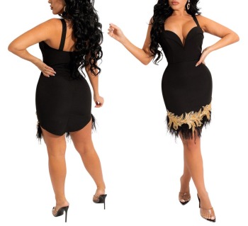 Summer new stylish plus size stretch sling sequin feather slim sexy midi dress