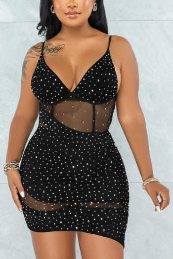 summer new stylish rhinestone mesh see-through plus size irregular slim sling sexy mini dress