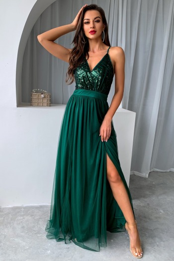 summer four colors sequins decor mesh spliced micro-elastic deep v adjustable straps backless thigh-slit sexy maxi dress