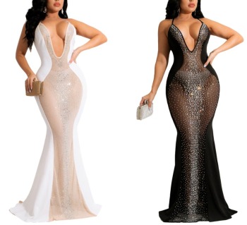 Summer new stylish mesh patchwork rhinestone see-through sling deep V stretch sexy maxi dress