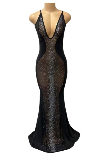 Summer new stylish mesh patchwork rhinestone see-through sling deep V stretch sexy maxi dress