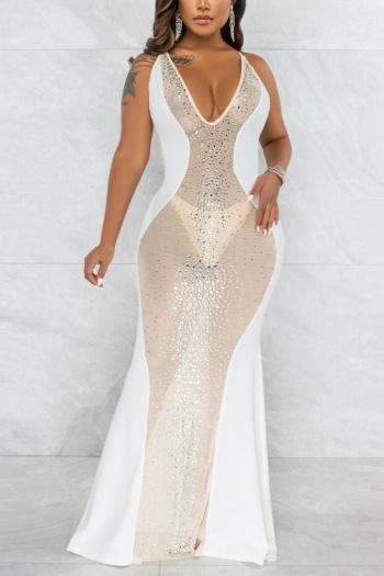 Summer new stylish mesh patchwork rhinestone see-through sling deep V stretch sexy maxi dress