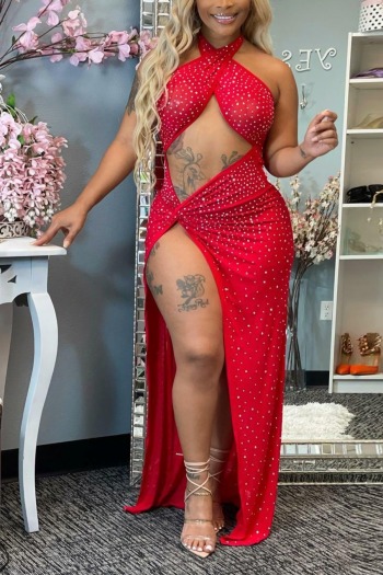 summer new stylish halter neck rhinestone mesh see-through hollow high slit stretch backless plus size sexy maxi dress(with lining)