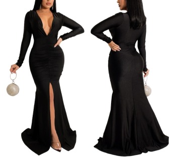 Autumn new stylish solid color deep V slit plus size 4-colors stretch pleated sexy maxi dress