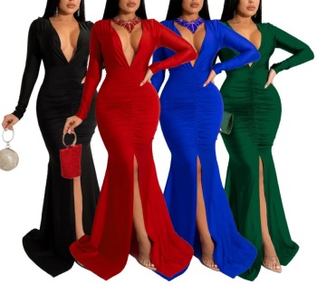 Autumn new stylish solid color deep V slit plus size 4-colors stretch pleated sexy maxi dress