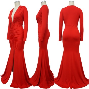 Autumn new stylish solid color deep V slit plus size 4-colors stretch pleated sexy maxi dress