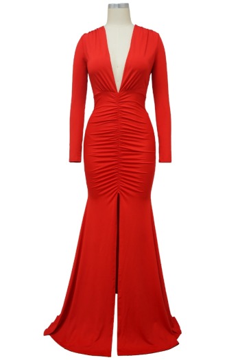 Autumn new stylish solid color deep V slit plus size 4-colors stretch pleated sexy maxi dress