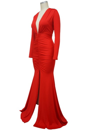 Autumn new stylish solid color deep V slit plus size 4-colors stretch pleated sexy maxi dress