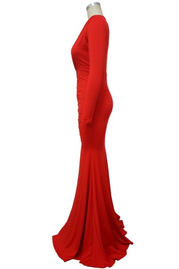 Autumn new stylish solid color deep V slit plus size 4-colors stretch pleated sexy maxi dress