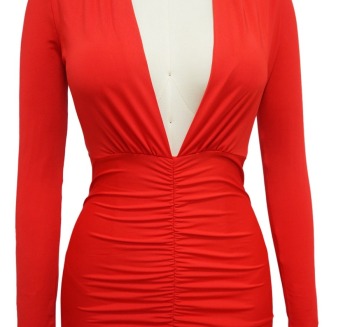 Autumn new stylish solid color deep V slit plus size 4-colors stretch pleated sexy maxi dress