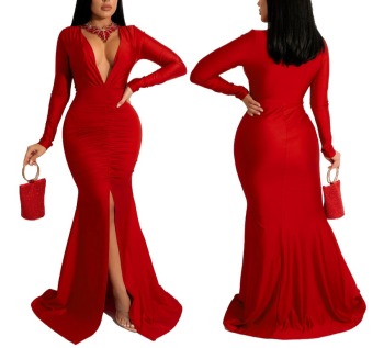 Autumn new stylish solid color deep V slit plus size 4-colors stretch pleated sexy maxi dress