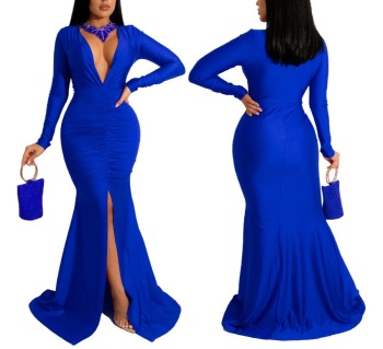 Autumn new stylish solid color deep V slit plus size 4-colors stretch pleated sexy maxi dress