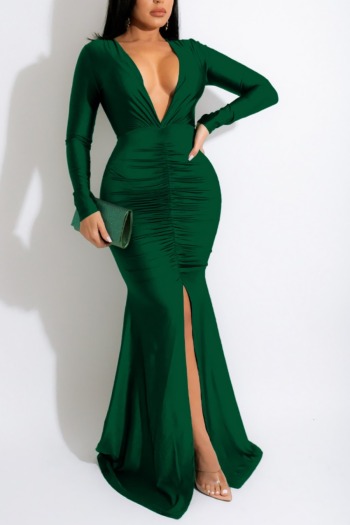 Autumn new stylish solid color deep V slit plus size 4-colors stretch pleated sexy maxi dress