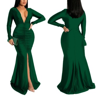 Autumn new stylish solid color deep V slit plus size 4-colors stretch pleated sexy maxi dress
