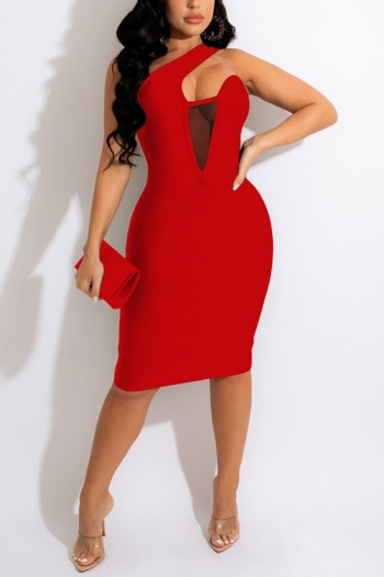 summer new stylish mesh patchwork see-through one-shoulder stretch plus size zip-up slim sexy mini dress