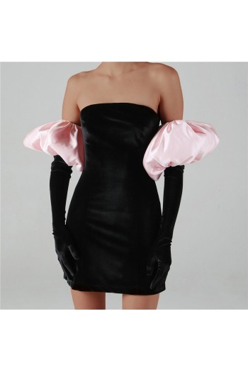 solid color velvet fashionable sexy tube top slim stretch sexy mini dress(with long puff sleeve)