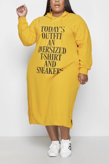 l-5xl plus size autumn new stylish letter printing pocket hooded loose 4-colors casual midi dress