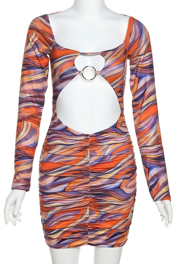Early autumn multicolor batch printing stretch square-neck hollow lace-up backless sexy bodycon mini dress