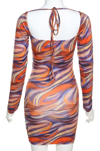 Early autumn multicolor batch printing stretch square-neck hollow lace-up backless sexy bodycon mini dress
