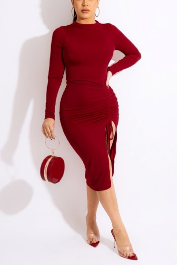 spring new solid color stretch drawstring thigh-slit hollow sexy midi dress