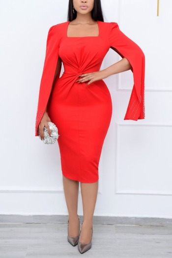 spring new stylish solid color stretch slit plus size pearl pleated casual midi dress