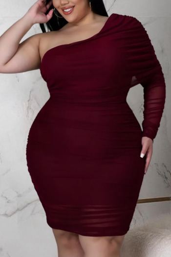 xl-5xl plus size spring new stylish solid color stretch pleated one-shoulder mesh patchwork see-through sexy midi dress