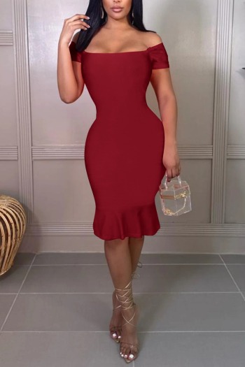 spring new stylish simple pure color stretch 4-colors plus size off-shoulder slim sexy midi dress
