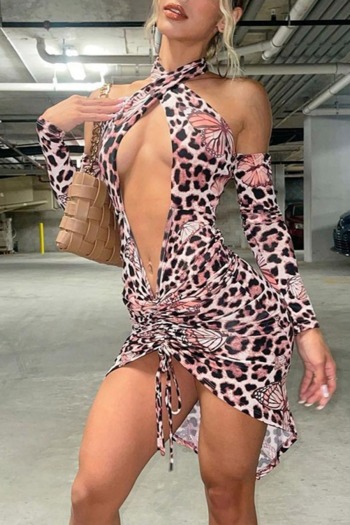 spring new stylish leopard batch printing hollow pleated halter neck stretch sexy midi dress