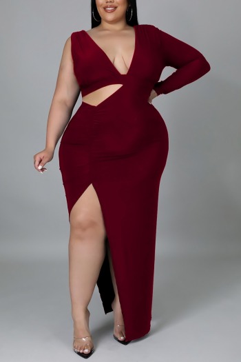 l-4xl plus size spring new stylish solid color hollow pleated slit v-neck stretch sexy maxi dress