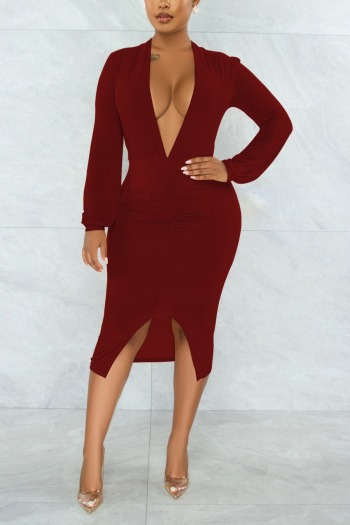 spring new stylish simple pure color pleated deep v stretch plus size slit sexy midi dress