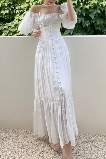 summer solid color inelastic square-neck puff-sleeve zip-up back stylish vacation style maxi dress